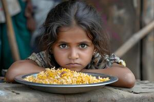 ai gerado pequeno ásia com fome criança com uma prato do Comida lado de fora foto