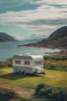 ai gerado acampamento perto a lago dentro uma motorhome . acampamento dentro uma campista furgão foto