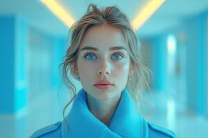 ai gerado retrato do uma menina com azul olhos dentro azul roupas dentro de casa foto