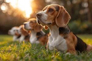 ai gerado retrato do uma beagle cachorro dentro verão em uma verde gramado foto