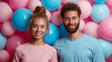 ai gerado uma jovem casal em uma fundo do Rosa e azul balões. gênero festa foto