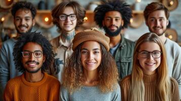 ai gerado retrato do uma criativo o negócio equipe em pé juntos e rindo. uma grupo do alegre pessoas do diferente nacionalidades foto