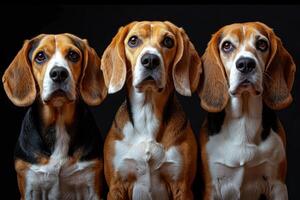 ai gerado retrato do beagle cachorros em uma Preto fundo foto