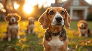 ai gerado retrato do uma beagle cachorro dentro verão em uma verde gramado foto