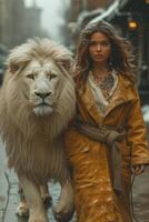ai gerado lindo elegante jovem mulher com uma lindo grande leão foto