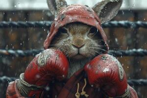 ai gerado uma covardemente Coelho dentro boxe luvas em a fundo do a anel. 3d ilustração foto