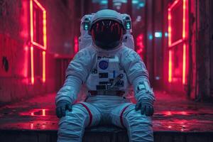 ai gerado a astronauta dentro uma branco traje espacial e capacete, sentado em a chão dentro uma vermelho néon luz foto