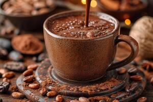 ai gerado quente chocolate é derramado para dentro uma caneca em a mesa foto