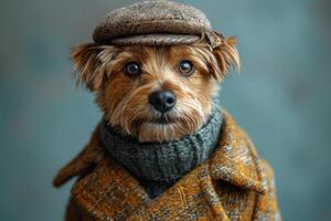 ai gerado retrato do uma cachorro dentro uma chapéu e outono roupas foto