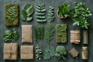 ai gerado construir bolsas e caixas, plantas em uma verde fundo. de Meio Ambiente produtos foto