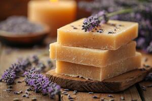 ai gerado feito à mão Sabonete mentiras em uma mesa com lavanda flores, uma ramalhete do lavanda em uma de madeira mesa foto