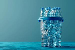 ai gerado grande quantidade do plástico garrafas dentro uma balde em uma azul fundo foto