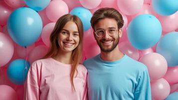 ai gerado uma jovem casal em uma fundo do Rosa e azul balões. gênero festa foto