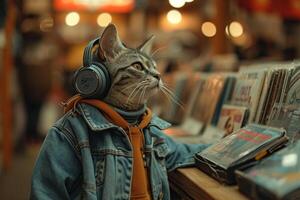 ai gerado uma gato com fones de ouvido dentro uma música loja foto