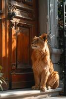 ai gerado uma grande leão é sentado guardando a frente porta do a casa foto