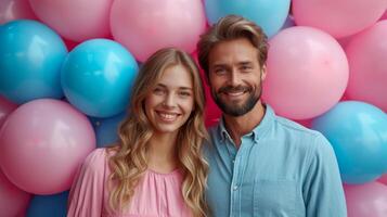 ai gerado uma jovem casal em uma fundo do Rosa e azul balões. gênero festa foto