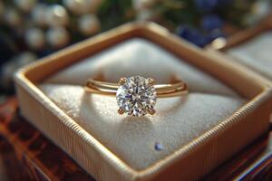 ai gerado uma ouro diamante anel é dentro uma joalheria caixa, a conceito do luxo foto