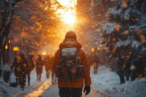 ai gerado uma turista caminhando com uma mochila através uma Nevado inverno floresta às pôr do sol foto