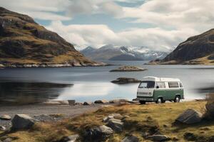 ai gerado acampamento perto a lago dentro uma motorhome . acampamento dentro uma campista furgão foto