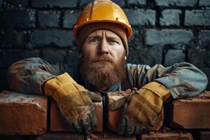 ai gerado retrato do uma pedreiro dentro a ambiente de trabalho. construção trabalhador foto