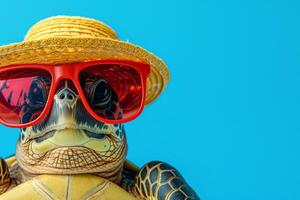 ai gerado uma tartaruga vestindo óculos e uma chapéu é relaxante em uma tropical de praia foto