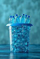 ai gerado grande quantidade do plástico garrafas dentro uma balde em uma azul fundo foto
