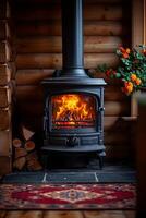 ai gerado ferro fundido fogão dentro uma rústico casa com uma fogo aceso dentro para calor a casa foto