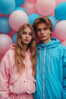 ai gerado uma jovem casal em uma fundo do Rosa e azul balões. gênero festa foto