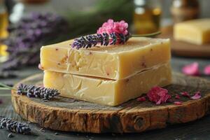 ai gerado feito à mão Sabonete mentiras em uma mesa com lavanda flores, uma ramalhete do lavanda em uma de madeira mesa foto