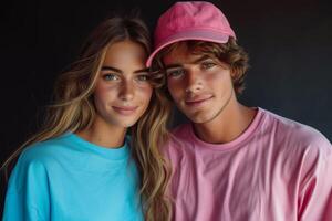 ai gerado uma jovem casal dentro Rosa e azul roupas em Preto . pára-choque festa foto