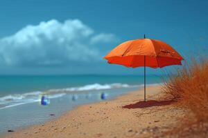 ai gerado uma vermelho guarda-chuva em uma deserta de praia contra a fundo do a mar foto