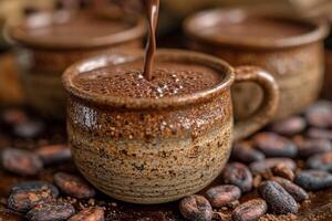 ai gerado quente chocolate é derramado para dentro uma caneca em a mesa foto