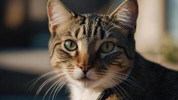 ai gerado uma fechar-se foto do uma doméstico gato com afiado verde olhos e detalhado pele padrões destacando da natureza arte dentro animais