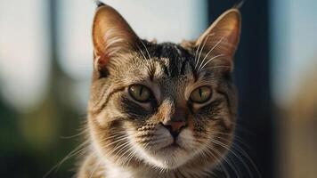 ai gerado uma fechar-se foto do uma doméstico gato com afiado verde olhos e detalhado pele padrões destacando da natureza arte dentro animais