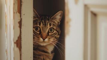 ai gerado fofa malhado gato espreitar Fora do porta. seletivo foco foto