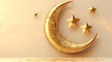 ai gerado piedosos mês do Ramadã com brilhando 3d lua Ramadã saudações cartão Projeto foto