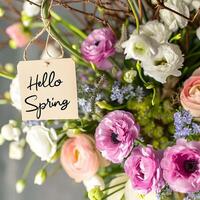 ai gerado Olá Primavera letras efeito feliz Primavera cumprimento foto