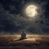 ai gerado homem configuração dentro frente do uma Ramadã lua e a lua é brilhando Ramadã kareem saudações foto