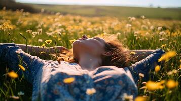 ai gerado feliz Primavera mulher deitado dentro uma campo do camomila flores Paz e felicidade expressão foto