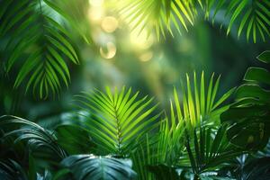 ai gerado verde Palma folhas dentro tropical floresta às pôr do sol, natural fundo e textura foto