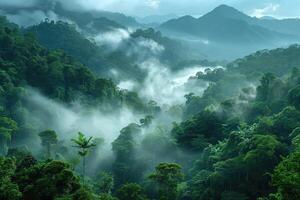 ai gerado aéreo Visão do a nuvem floresta dentro enevoado montanhas foto