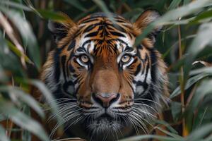 ai gerado tigre parece Fora a partir de a matagais foto