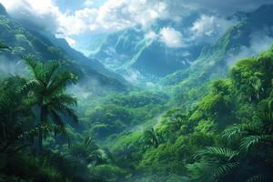 ai gerado tropical floresta tropical dentro enevoado montanhas foto