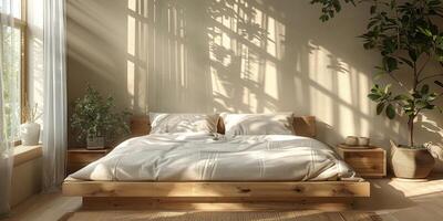 ai gerado brilhante e acolhedor moderno quarto com de madeira ampla cama. alisamento manhã luz com moderno decoração. 3d render foto