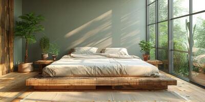 ai gerado brilhante e acolhedor moderno quarto com de madeira ampla cama. alisamento manhã luz com moderno decoração. 3d render foto