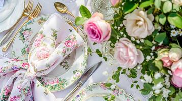 ai gerado jardim festa paisagem de mesa, elegância com floral mesa decoração foto