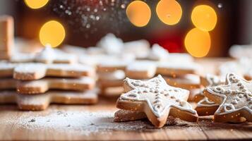 ai gerado Natal biscoitos, feriado bolacha receita e casa cozimento, doce sobremesa para acolhedor inverno Inglês país chá dentro a cabana, caseiro Comida e cozinhando foto