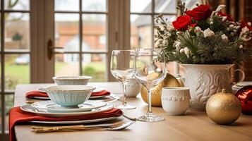 ai gerado Natal feriado família café da manhã, mesa configuração decoração e festivo paisagem de mesa, Inglês país e casa estilo foto