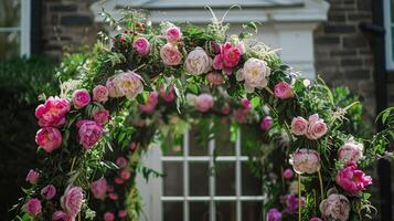 ai gerado Casamento decoração com peônias, floral decoração e evento celebração, peônia flores e Casamento cerimônia dentro a jardim, Inglês país estilo foto