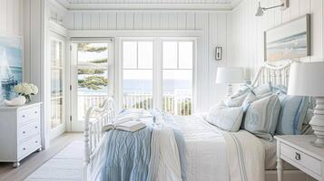 ai gerado branco costeiro chalé quarto decoração, interior Projeto e casa decoração, cama com elegante roupa de cama e sob medida mobília, Inglês país casa e feriado aluguel foto